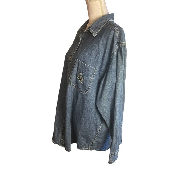 Woolrich Womens VTG Embroidered Denim Jean Shirt XL Medium Blue Trees Winter - Picture 10 of 16